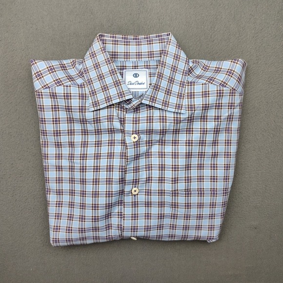 David Donahue Shirt Mens Medium Blue Plaid Button Up Spread Dress Work School - Picture 1 of 12